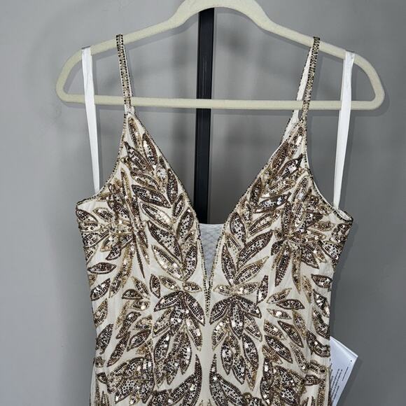 NWT MAC DUGGAL Nude Gold Beaded Embellished Leaf Evening Gown Women’s - Picture 5 of 16